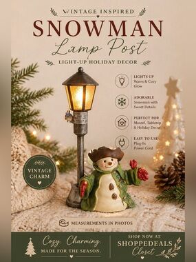 Vintage Snowman Lamp Post Table Decor – Light-Up Winter Holiday Figurine